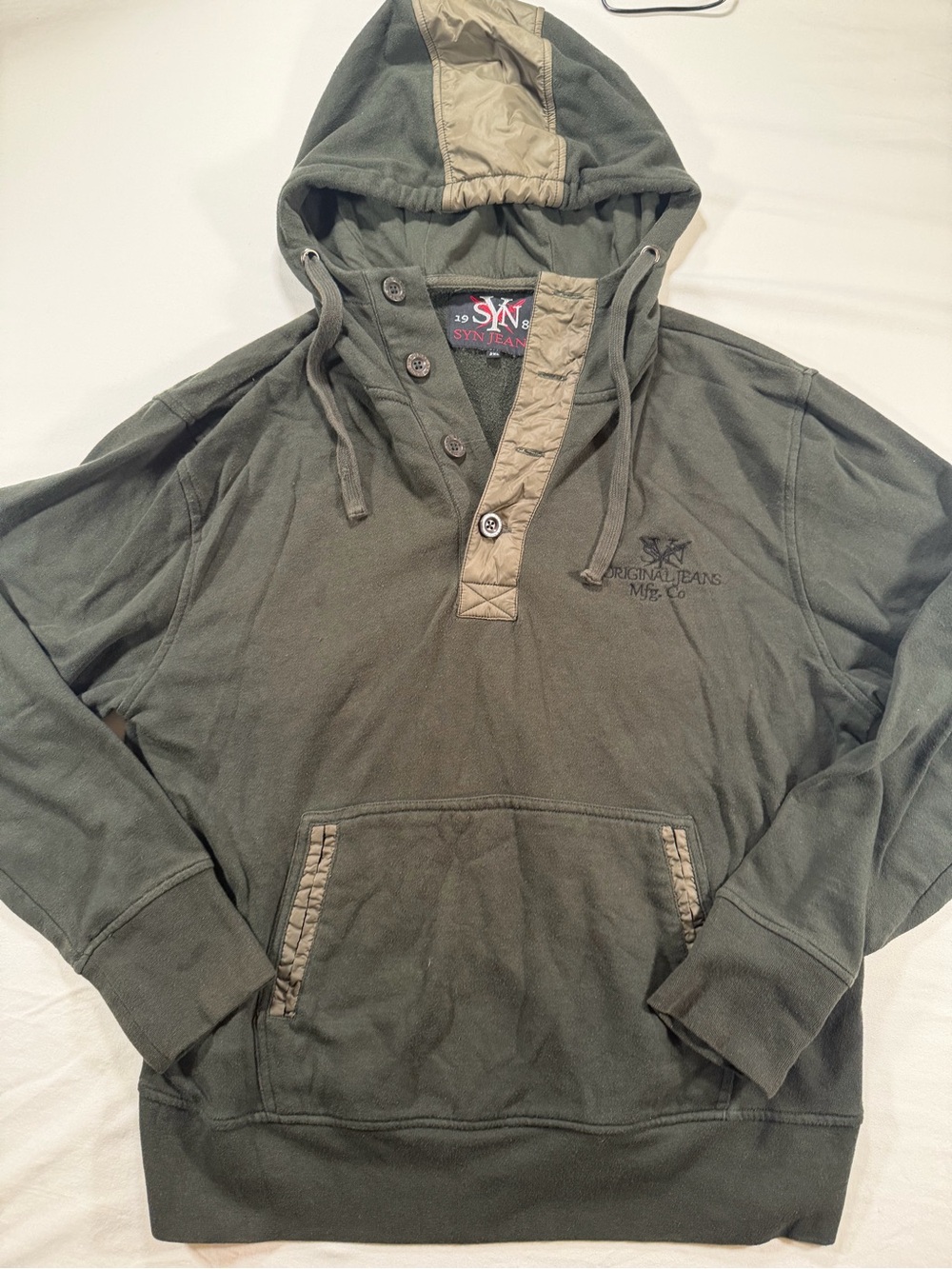 Men's Olive Hooded Pullover with Contrast Trim